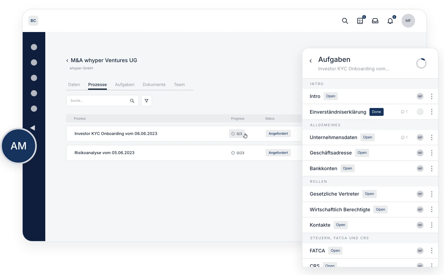 Tasks of a process, assigned to the client