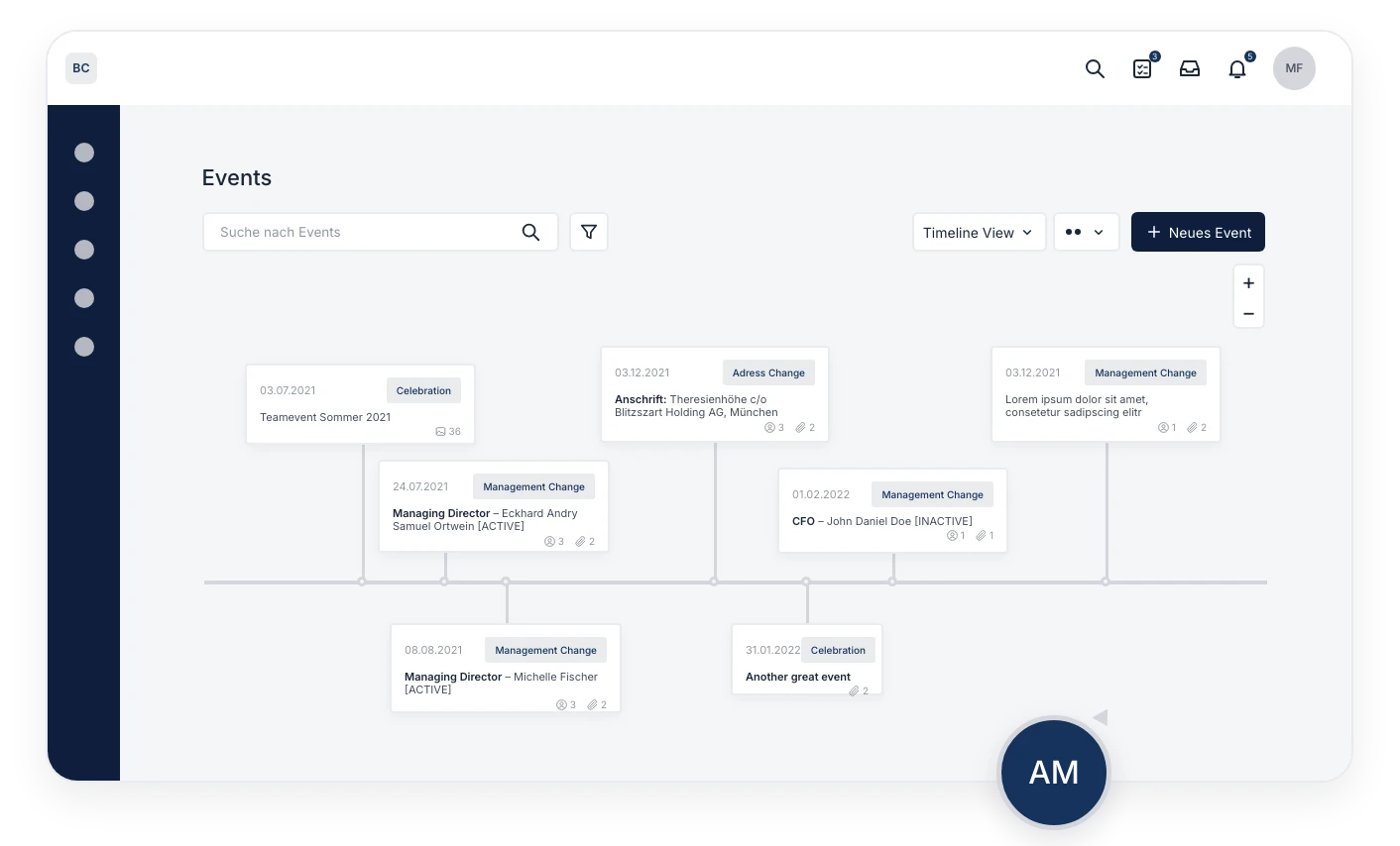 Timeline with a client's events